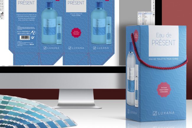 Artes finales y ficticio del packaging de la colonia Eau de PRÉSENT de Luxana